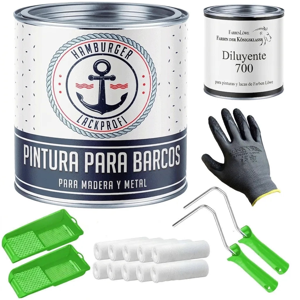 Kit completo de pintura: barniz para madera/metal, disolvente, rodillos, guantes y bandejas de Farben Löwe.