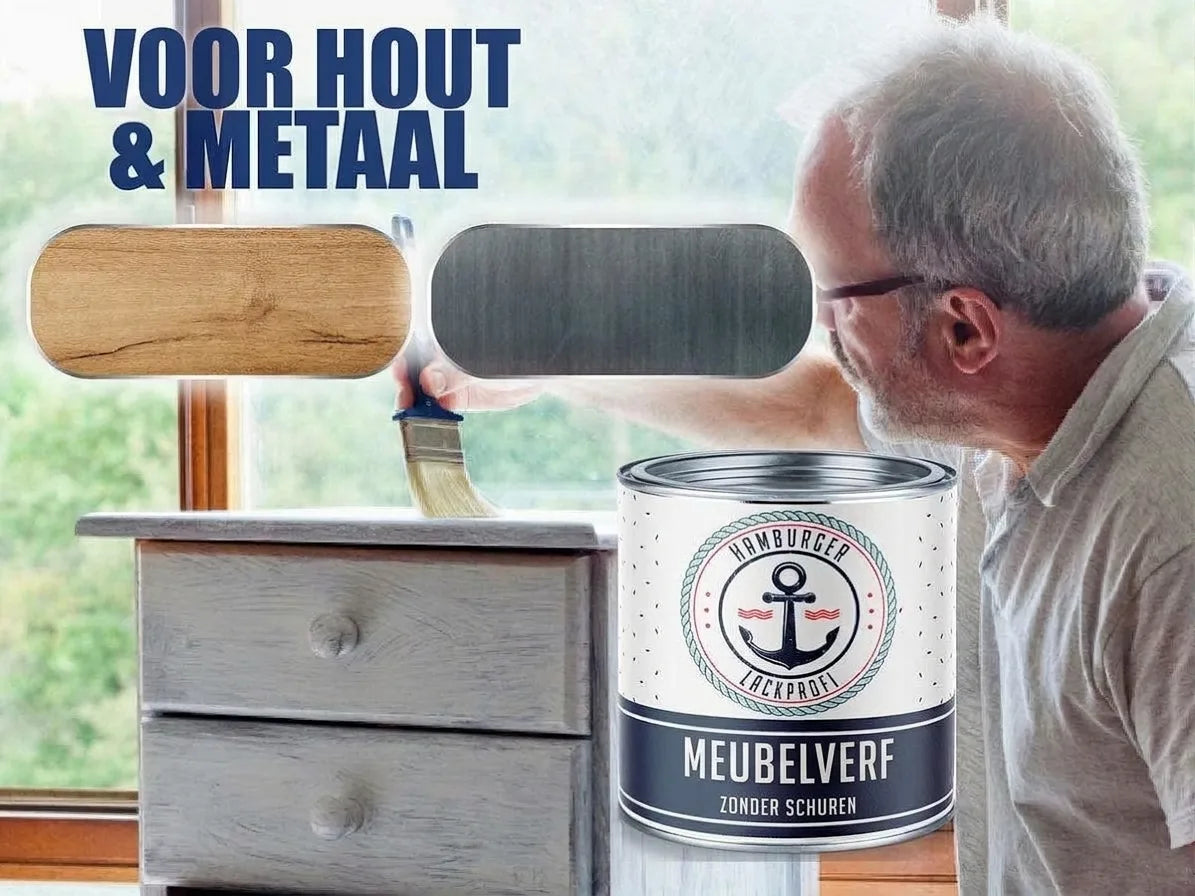 Man schildert houten meubel met 'Hamburger Lackprofi' meubelverf, geschikt voor hout & metaal, zonder schuren.