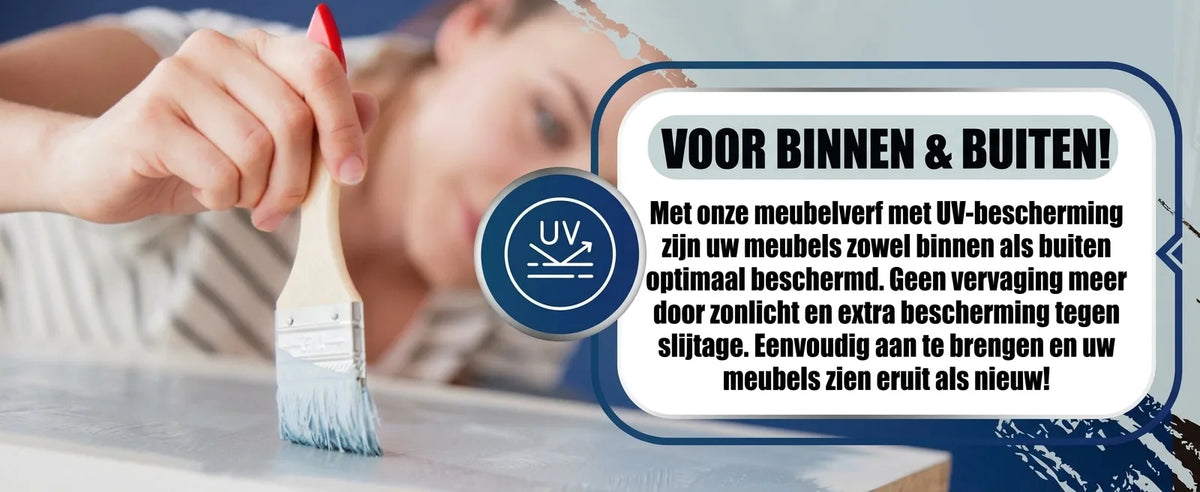 Vrouw schildert meubels met blauwe verf en kwast. Promotie voor meubelverf met UV-bescherming voor binnen en buiten.
