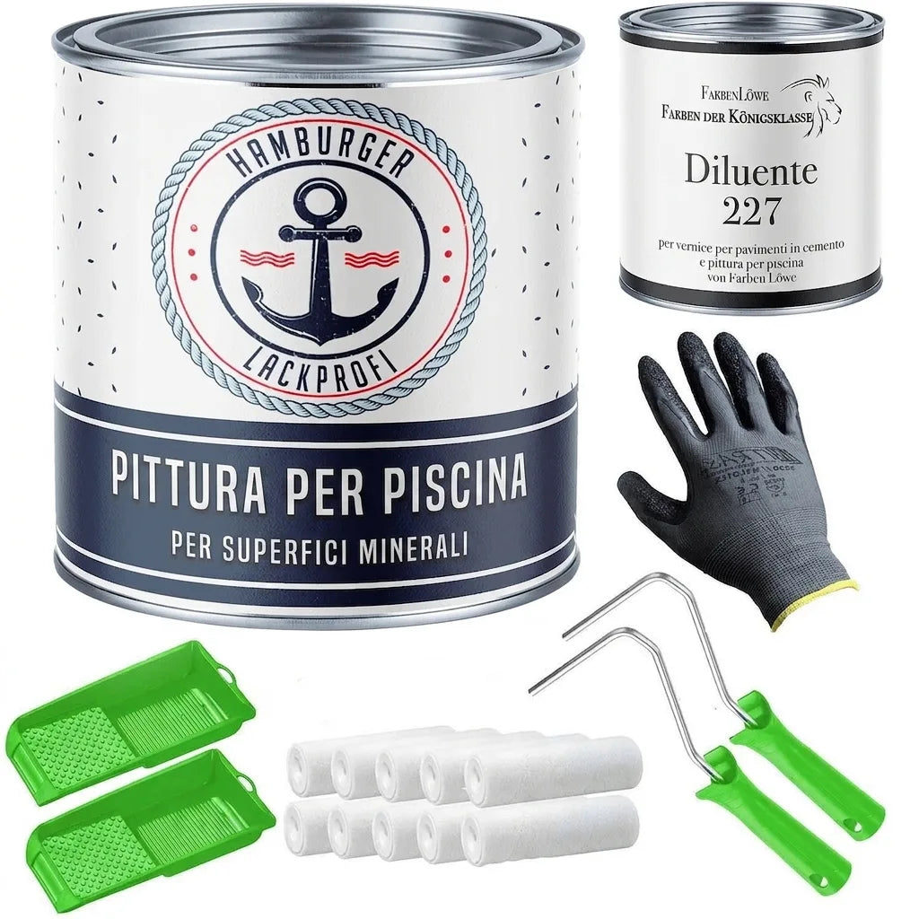 Set completo di vernice per piscina, diluente, guanti da pittura, rulli e vaschette per pittura.