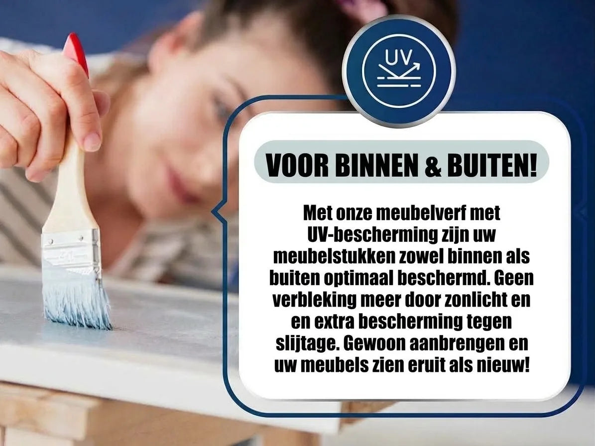 Vrouw schildert meubelstuk met kwast. Tekst over UV-beschermende meubelverf voor binnen en buiten.